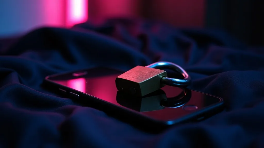 cadenas en laiton sur un smartphone retourné, soie sombre
