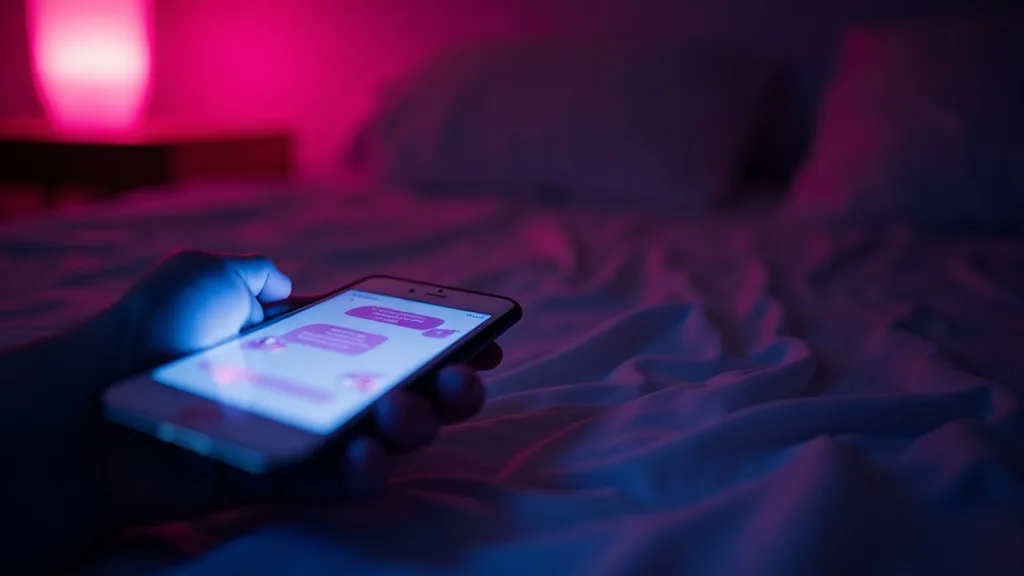smartphone allumé sur des draps de soie froissés, lumière rose tamisée