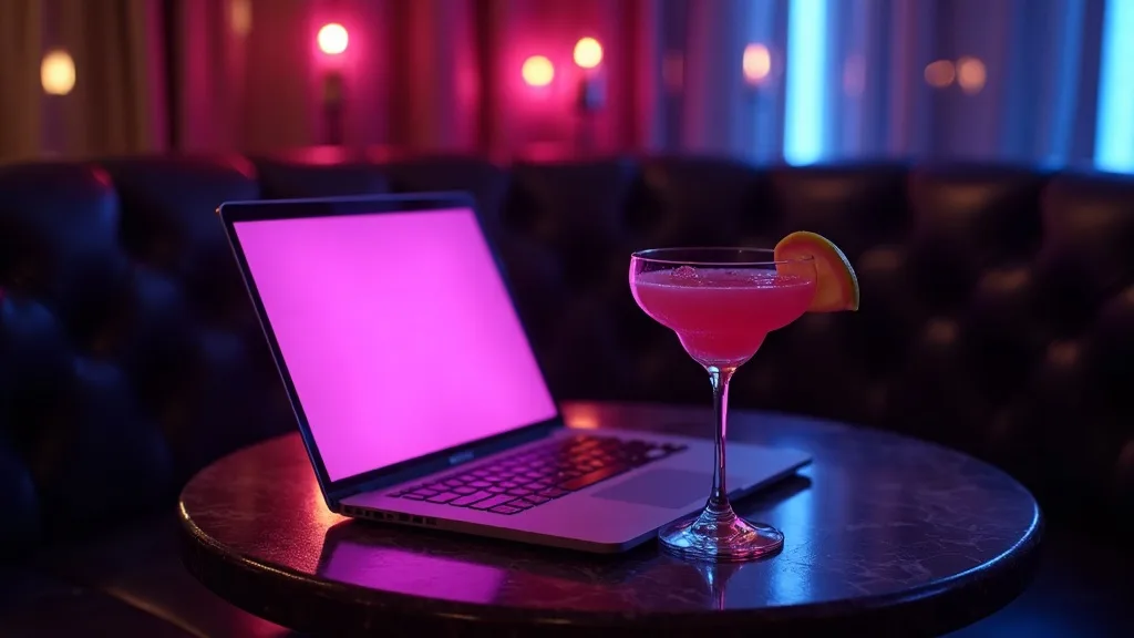 ordinateur portable et cocktail sur une table de marbre sombre, lueur magenta