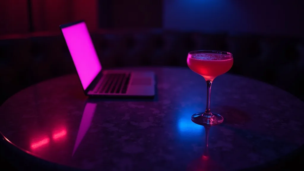 ordinateur portable et cocktail sur une table de marbre sombre, lueur magenta