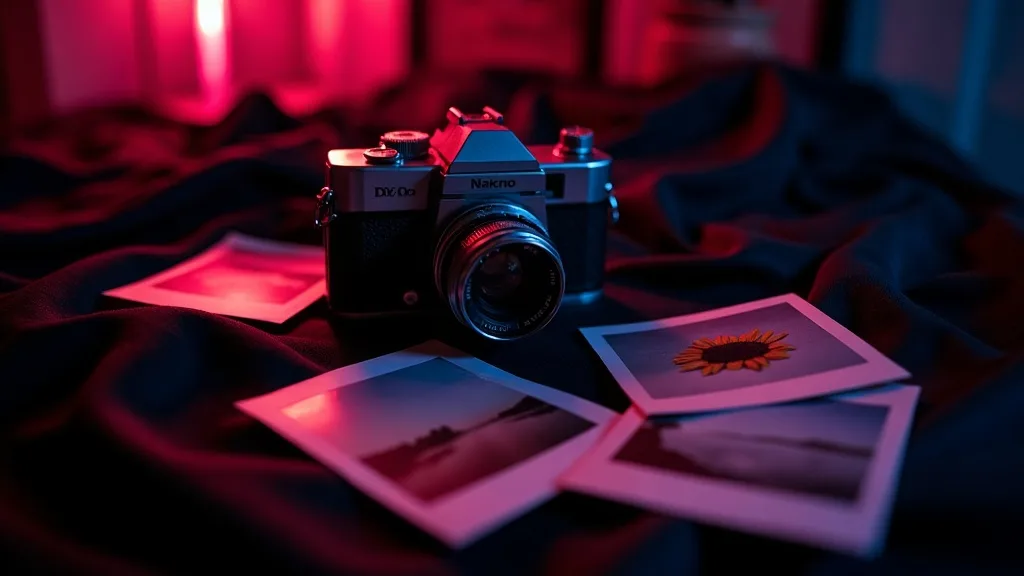 appareil photo vintage et photos instantanées sur soie noire
