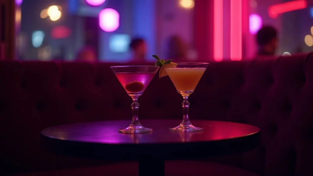 deux cocktails sur une banquette de velours dans un lounge tamisé