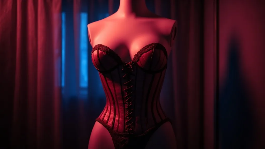 corset lacé sur un buste de mannequin dans un boudoir ombragé
