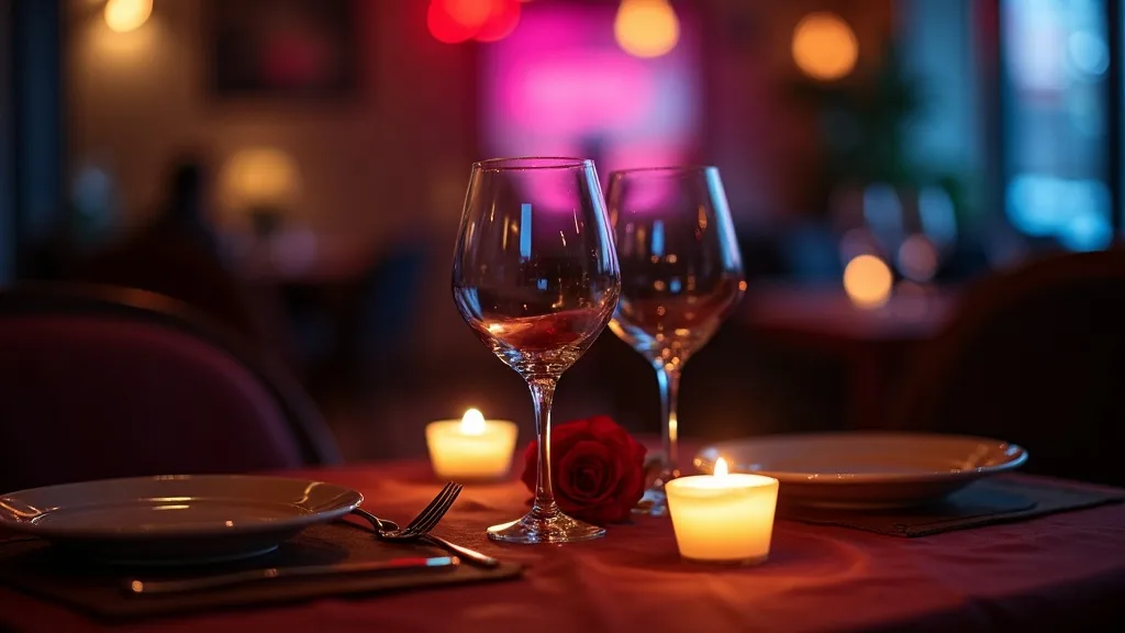 table pour deux aux chandelles avec verres de vin et rose rouge