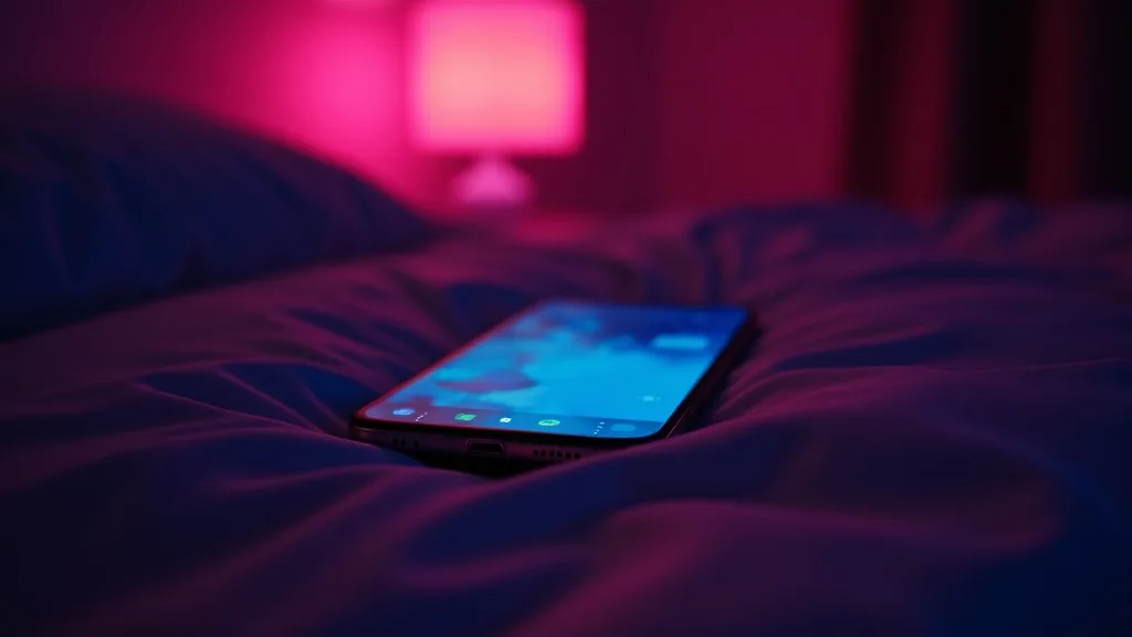 smartphone sur un coussin de satin, rétroéclairage rose, profils floutés