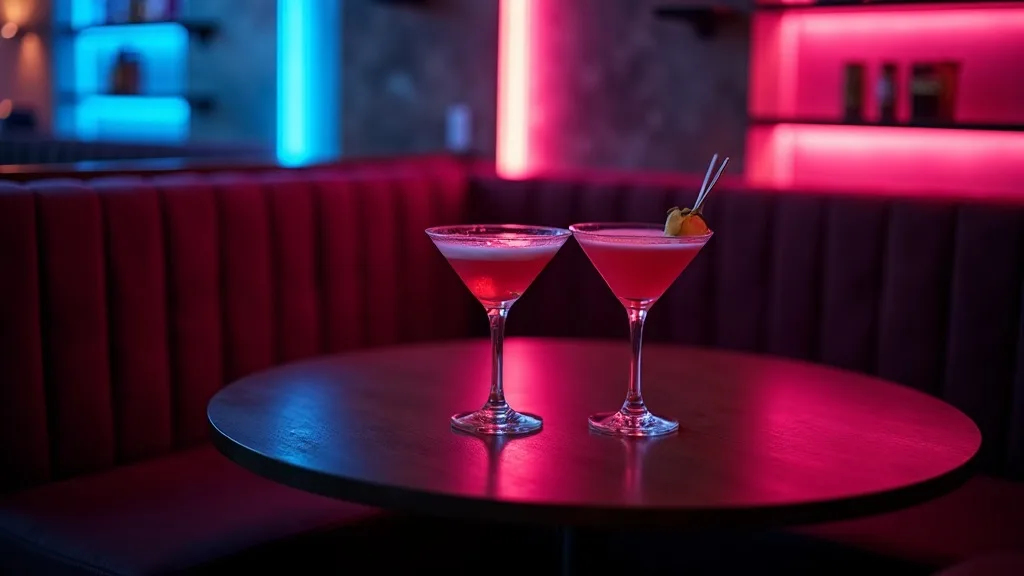 deux cocktails sur une banquette de velours dans un lounge tamisé
