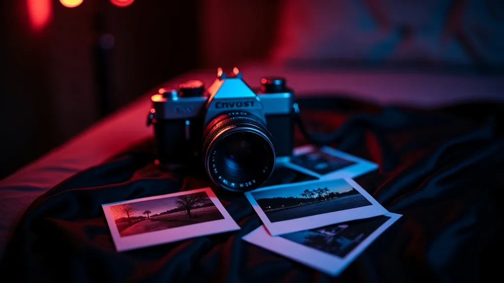 appareil photo vintage et photos instantanées sur soie noire