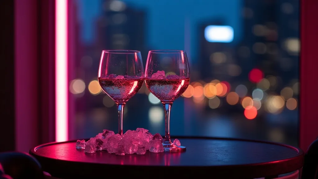 champagne au frais et deux verres, lumières de la ville à la fenêtre