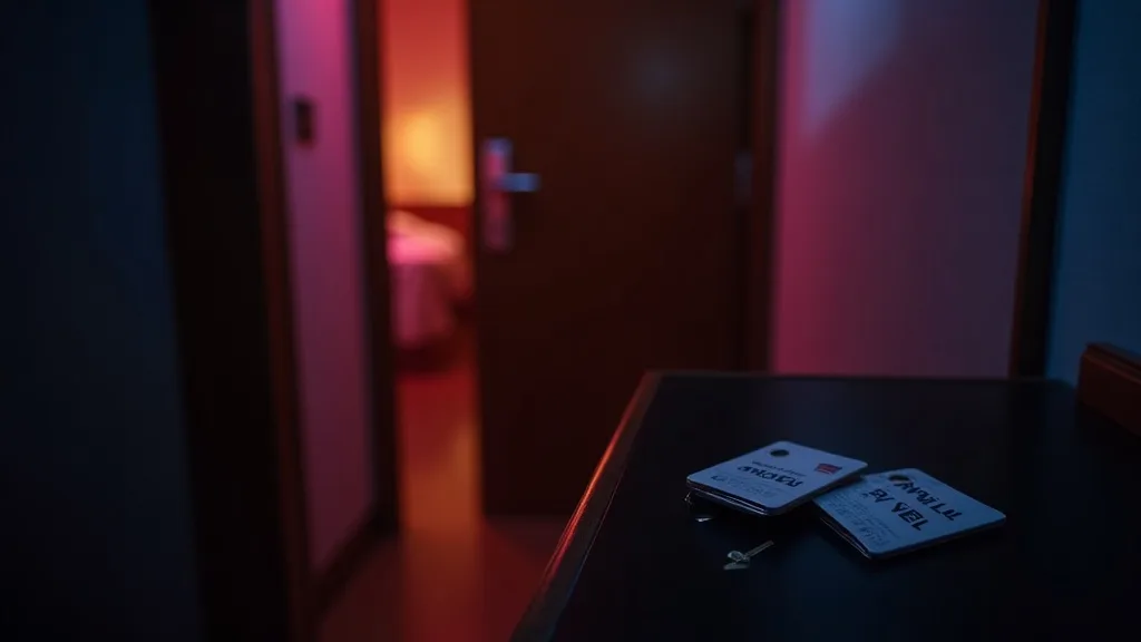 porte de chambre entrouverte, lumière chaude, deux cartes-clés sur une console