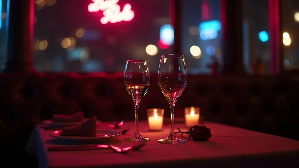 table pour deux aux chandelles avec verres de vin et rose rouge