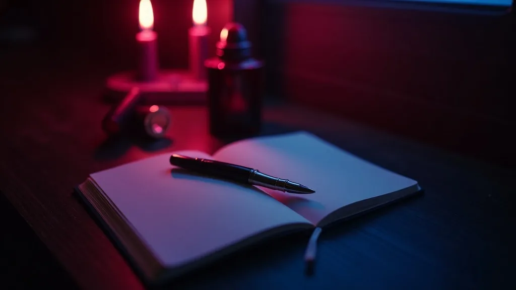 carnet ouvert avec stylo plume, rouge à lèvres et parfum sur bois sombre